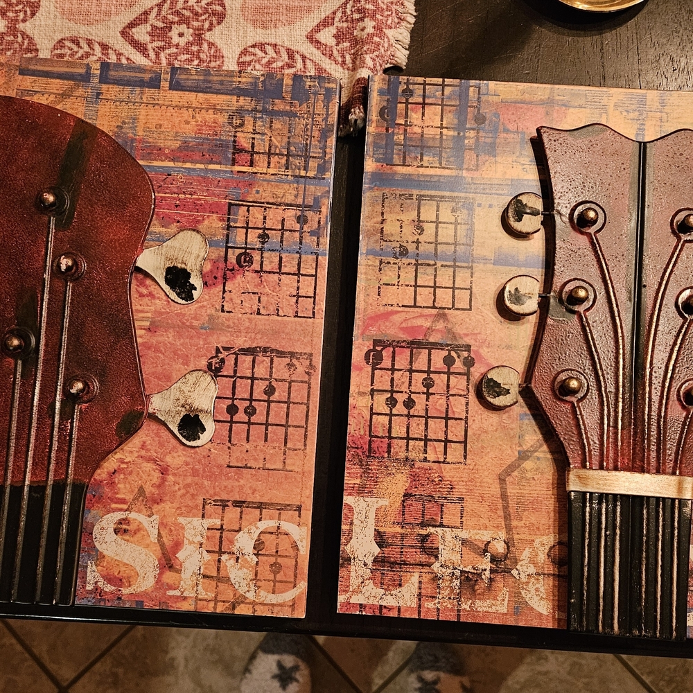 Two 3D Guitar Mixed Media Metal Wall Art Decor Hangings